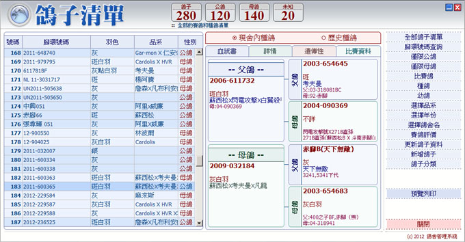 系譜軟件賽鴿!